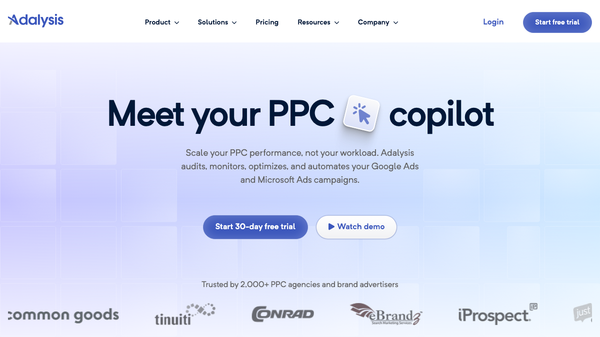 Adalysis homepage hero, showing its PPC copilot positioning