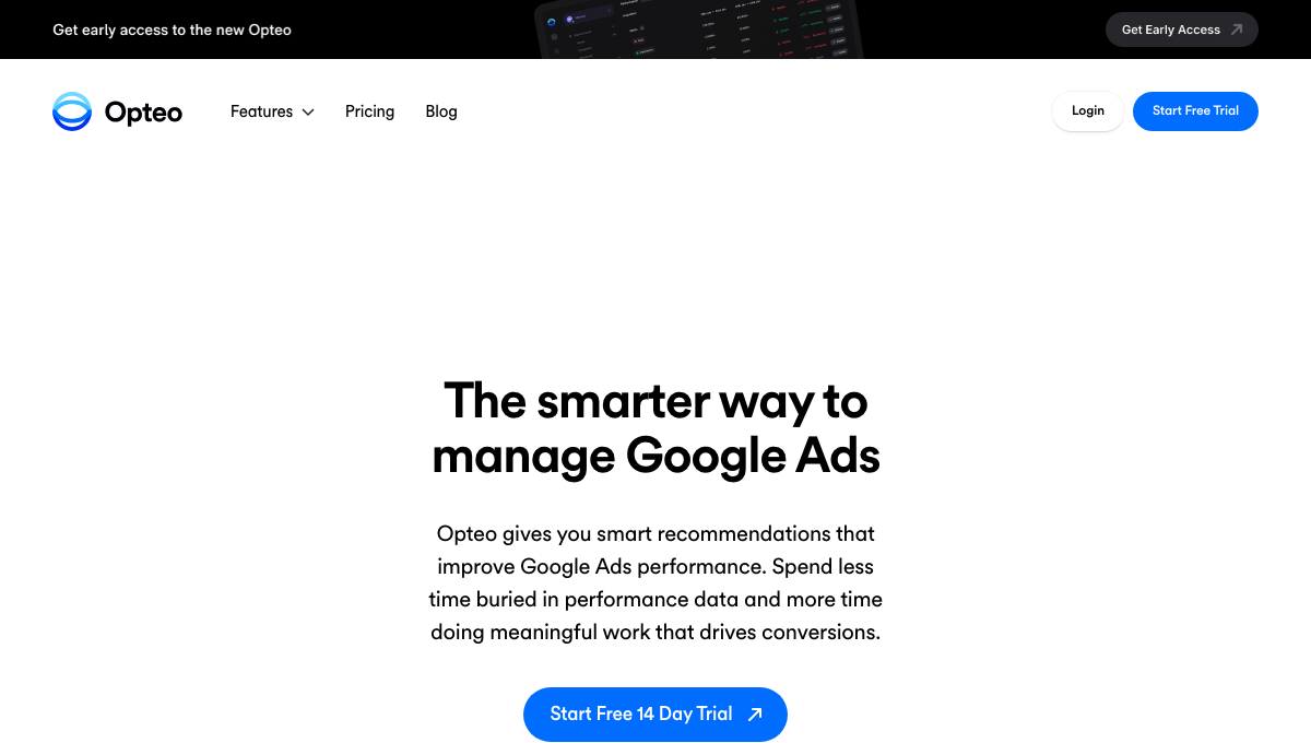 Opteo homepage hero, showing its Google Ads management positioning